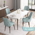 Canisa Concept Are Serisi, Mdf 80X132 Açılabilir Beyaz Masa Ceviz Ayak Mutfak Masası Takımı, 4 Sandalye Gümüş Halkalı - Su Yeşili