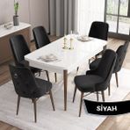 Canisa Concept Are Serisi, Mdf 80X132 Açılabilir Beyaz Masa Ceviz Ayak Mutfak Masası Takımı, 6 Sandalye Gümüş Halkalı - Siyah