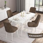 Canisa Concept Are Serisi, Mdf 80X132 Açılabilir Beyaz Mermer Desen Yemek Odası Takımı, 4 Sandalye Gümüş Halkalı - Kahverengi
