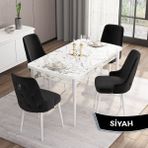 Canisa Concept Are Serisi, Mdf 80X132 Açılabilir Beyaz Mermer Desen Yemek Odası Takımı, 4 Sandalye Gümüş Halkalı - Siyah