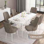 Canisa Concept Are Serisi, Mdf 80X132 Açılabilir Beyaz Mermer Desen Yemek Odası Takımı, 6 Sandalye Gold Halkalı - Cappuccino