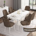Canisa Concept Are Serisi, Mdf 80X132 Açılabilir Beyaz Mermer Desen Yemek Odası Takımı, 6 Sandalye Gold Halkalı - Kahverengi