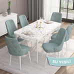 Canisa Concept Are Serisi, Mdf 80X132 Açılabilir Beyaz Mermer Desen Yemek Odası Takımı, 6 Sandalye Gold Halkalı - Su Yeşili