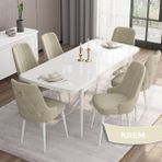 Canisa Concept Are Serisi, Mdf 80X132 Açılabilir Beyaz Mutfak Masa Takımı, 6 Sandalye Gold Halkalı - Krem