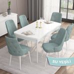 Canisa Concept Are Serisi, Mdf 80X132 Açılabilir Beyaz Mutfak Masa Takımı, 6 Sandalye Gold Halkalı - Su Yeşili