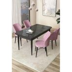 Canisa Concept Arp Serisi 70X110 Sabit Mutfak Masası Takımı Siyah Mermer Desen Masa 4 Pembe Sandalye