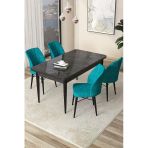 Canisa Concept Arp Serisi 70X110 Sabit Mutfak Masası Takımı Siyah Mermer Desen Masa 4 Turkuaz Sandalye