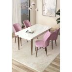 Canisa Concept Arp Serisi Sabit Mutfak Masası Takımı 70X110 Beyaz Ceviz Masa 4 Pembe Sandalye