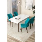 Canisa Concept Arp Serisi Sabit Mutfak Masası Takımı 70X110 Beyaz Ceviz Masa 4 Turkuaz Sandalye