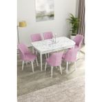 Canisa Concept Canisa Eva Serisi 80 x 132 cm Mdf Açılabilir Beyaz Mermer Desen Mutfak Masa Takımı + 6 Adet Sandalye - Pembe
