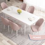 Canisa Concept Elf Serisi 80X132 Açılabilir Beyaz Mutfak Masa Takımı 6 Sandalye Gold Halkalı - Pembe