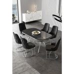 Canisa Concept Epal Serisi 90X168 Lak Panel Siyah Mermer Desen Krom Ayaklı Masa Takımı Ve 6 Siyah Sandalye