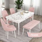 Canisa Concept Eta Serisi 80 x 132 cm Açılabilir Mdf Mutfak Masa Takımı Beyaz Mermer Desen Masa 4 Sandalye ve 1 Bench - 80x132 - Pembe