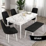 Canisa Concept Eta Serisi 80 x 132 cm Açılabilir Mdf Mutfak Masa Takımı Beyaz Mermer Desen Masa 4 Sandalye ve 1 Bench - 80x132 - Siyah