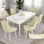 Canisa Concept Eta Serisi 80 x 132 cm Açılabilir Mdf Mutfak Masa Takımı Beyaz Mermer Desen Masa 6 Sandalye - Krem