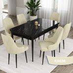Canisa Concept Eta Serisi 80 x 132 cm Açılabilir Mdf Yemek Odası Masa Takımısiyah Mermer Desen Masa 6 Sandalye - Krem