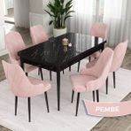 Canisa Concept Eta Serisi 80 x 132 cm Açılabilir Mdf Yemek Odası Masa Takımısiyah Mermer Desen Masa 6 Sandalye - Pembe