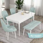 Canisa Concept Eta Serisi, 80X132 Açılabilir Mdf Mutfak Masa Takımı, Beyaz Masa 4 Sandalye ve 1 Bench - Su Yeşili