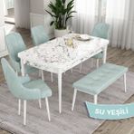Canisa Concept Eta Serisi, 80X132 Açılabilir Mdf Mutfak Masa Takımı, Beyaz Mermer Desen Masa 4 Sandalye ve 1 Bench - Su Yeşili