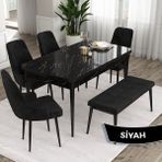 Canisa Concept Eta Serisi, 80X132 Açılabilir Mdf Mutfak Masa Takımı,siyah Mermer Desen Masa 4 Sandalye ve 1 Bench