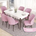 Canisa Concept Eva Serisi 80X132 Açılabilir Mdf Beyaz Masa Ceviz Ayak Mutfak Masa Takımı ve 6 Sandalye - Pembe