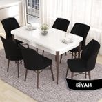 Canisa Concept Eva Serisi 80X132 Açılabilir Mdf Beyaz Masa Ceviz Ayak Mutfak Masa Takımı ve 6 Sandalye - Siyah