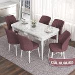 Canisa Concept Eva Serisi 80X132 Açılabilir Mdf Beyaz Mermer Desen Mutfak Masa Takımı ve 6 Sandalye - Gülkurusu
