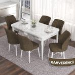 Canisa Concept Eva Serisi 80X132 Açılabilir Mdf Beyaz Mermer Desen Mutfak Masa Takımı ve 6 Sandalye - Kahverengi
