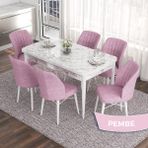 Canisa Concept Eva Serisi 80X132 Açılabilir Mdf Beyaz Mermer Desen Mutfak Masa Takımı ve 6 Sandalye - Pembe