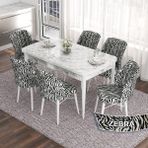 Canisa Concept Eva Serisi 80X132 Açılabilir Mdf Beyaz Mermer Desen Mutfak Masa Takımı ve 6 Sandalye - Siyah - Beyaz