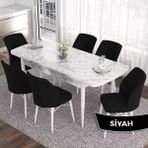 Canisa Concept Eva Serisi 80X132 Açılabilir Mdf Beyaz Mermer Desen Mutfak Masa Takımı ve 6 Sandalye - Siyah