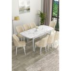 Canisa Concept Eva Serisi Mdf Beyaz Mermer Desenli Açılabilir Mutfak Masa Takımı/beyaz Mermer Desenli Masa + 8 Adet Sandalye - 80 x 132 cm - Krem