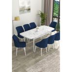 Canisa Concept Eva Serisi Mdf Beyaz Mermer Desenli Açılabilir Mutfak Masa Takımı/beyaz Mermer Desenli Masa + 8 Adet Sandalye - 80 x 132 cm - Lacivert