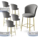 Canisa Concept Fora Serisi 6 Adet Babyface Kumaş Gold Kaplama Metal Ayaklı Ada Mutfak Bar Sandalyesi - Ahşap