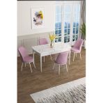 Canisa Concept Han Serisi 70X114 Açılabilir Mdf Mutfak Masa Takımı Beyaz Mermer Desen Masa Ve 4 Pembe Sandalye