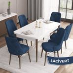 Canisa Concept Iza Serisi, 80 X 132 cm Açılabilir Mdf Beyaz Masa Ceviz Ayak Mutfak Masa Takımı, 6 Sandalye - 80 x132 cm - Lacivert