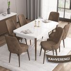 Canisa Concept Iza Serisi 80 x 132 cm Açılabilir Mdf Beyaz Masa Ceviz Ayak Mutfak Masa Takımı 6 Sandalye - 80x132 - Kahverengi