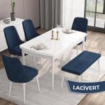 Canisa Concept Iza Serisi, 80 x 132 cm Açılabilir Mdf Masa, Beyaz Mutfak Masa Takımı, 4 Sandalye 1 Bench - Lacivert