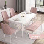Canisa Concept Iza Serisi, 80 x 132 cm Açılabilir Mdf Masa, Beyaz Mutfak Masa Takımı, 4 Sandalye 1 Bench - Pembe