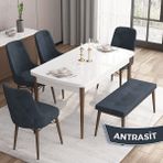 Canisa Concept Iza Serisi, 80 x 132 cm Mdf Beyaz Masa Ceviz Ayak Mutfak Masa Takımı, 4 Sandalye 1 Bench - Antrasit