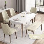 Canisa Concept Iza Serisi, 80 x 132 cm Mdf Beyaz Masa Ceviz Ayak Mutfak Masa Takımı, 4 Sandalye 1 Bench - Krem