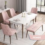 Canisa Concept Iza Serisi, 80 x 132 cm Mdf Beyaz Masa Ceviz Ayak Mutfak Masa Takımı, 4 Sandalye 1 Bench - Pembe