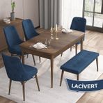 Canisa Concept Iza Serisi, 80 x 132 cm Mdf Masa, Barok Ahşap Desen Mutfak Masa Takımı, 4 Sandalye 1 Bench - Lacivert