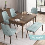 Canisa Concept Iza Serisi, 80 x 132 cm Mdf Masa, Barok Ahşap Desen Mutfak Masa Takımı, 4 Sandalye 1 Bench - Su Yeşili