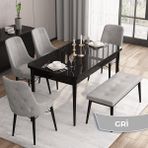 Canisa Concept Iza Serisi , 80 x 132 cm Mdf Siyah Mermer Desen Mutfak Masa Takımı, 4 Sandalye ve 1 Bench - Gri