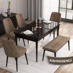 Canisa Concept Iza Serisi , 80 x 132 cm Mdf Siyah Mermer Desen Mutfak Masa Takımı, 4 Sandalye ve 1 Bench - Kahverengi
