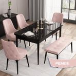 Canisa Concept Iza Serisi , 80 x 132 cm Mdf Siyah Mermer Desen Mutfak Masa Takımı, 4 Sandalye ve 1 Bench - Pembe