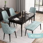 Canisa Concept Iza Serisi , 80 x 132 cm Mdf Siyah Mermer Desen Mutfak Masa Takımı, 4 Sandalye ve 1 Bench - Su Yeşili