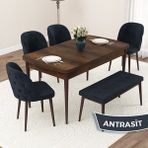 Canisa Concept Jae Serisi Açılabilir 80X132 Barok Ahşap Desen Mutfak Masası Takımı ve 4 Sandalye 1 Bench - Antrasit