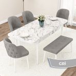 Canisa Concept Jae Serisi Açılabilir 80X132 Beyaz Mermer Desen Mutfak Masası Takımı ve 4 Sandalye 1 Bench - Gri